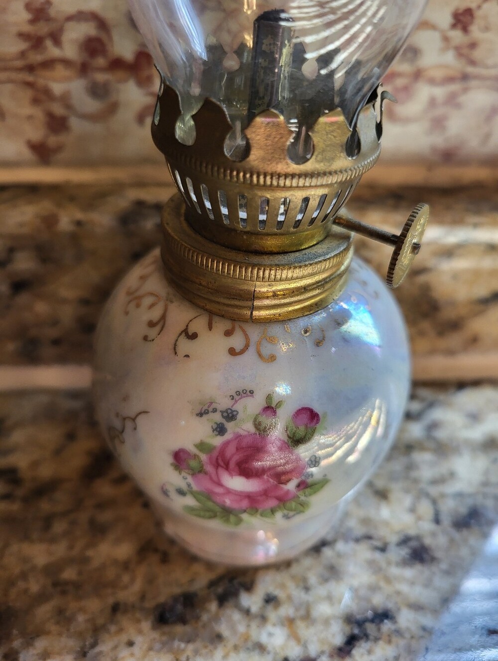 Porcelain 7.5 Inch Iredescent Rose Oil Lantern in White and Pink with Brass Trim - Picture 4 of 11